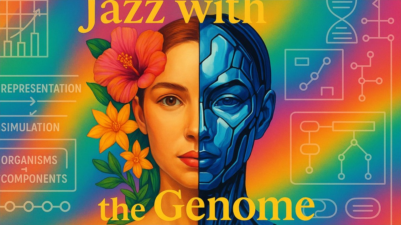 Cover graphic for Playing Jazz with the Genome: From Barbara McClintock's Jumping Genes to the Evolution of Human and Artificial Intelligence